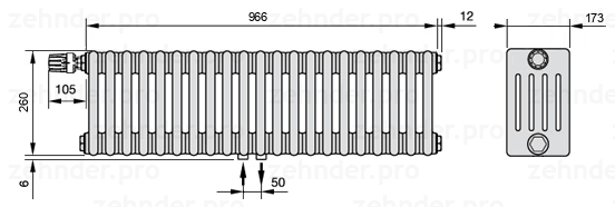 Схема (чертеж) Радиатор Zehnder Charleston 5026/21 №V007 Белый глянцевый RAL 9016
